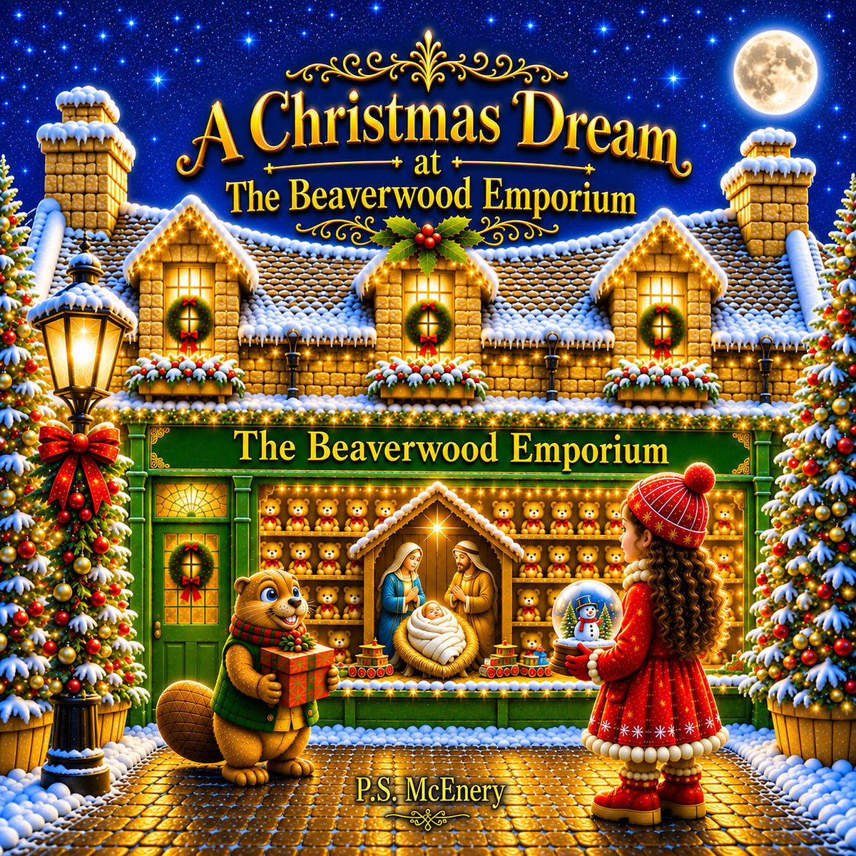 A Christmas Dream at The Beaverwood Emporium book cover, snowy shopfront with a beaver and a girl holding a snow globe